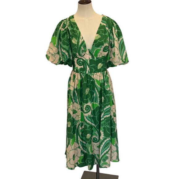 Farm Rio Tropical Groove Midi Dress - Size Small Green Floral Puff Sleeve Dress